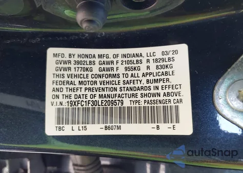 2020 Honda Civic Ex from USA, damaged, VIN 19XFC1F30LE209579